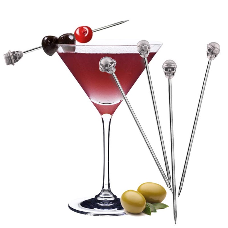 DEEKOUDT Skull Cocktail Picks Martini Picks Reusable Olive Picks Garnish Skewer Fruit Toothpicks Pack of 10 (Antique Silver) - Image 2
